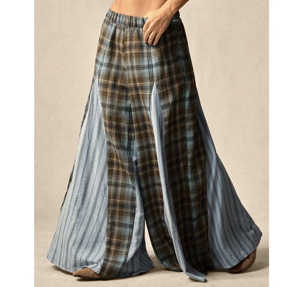 Boho Plaid Stripes Print Wide leg Stretchy Waist Pants